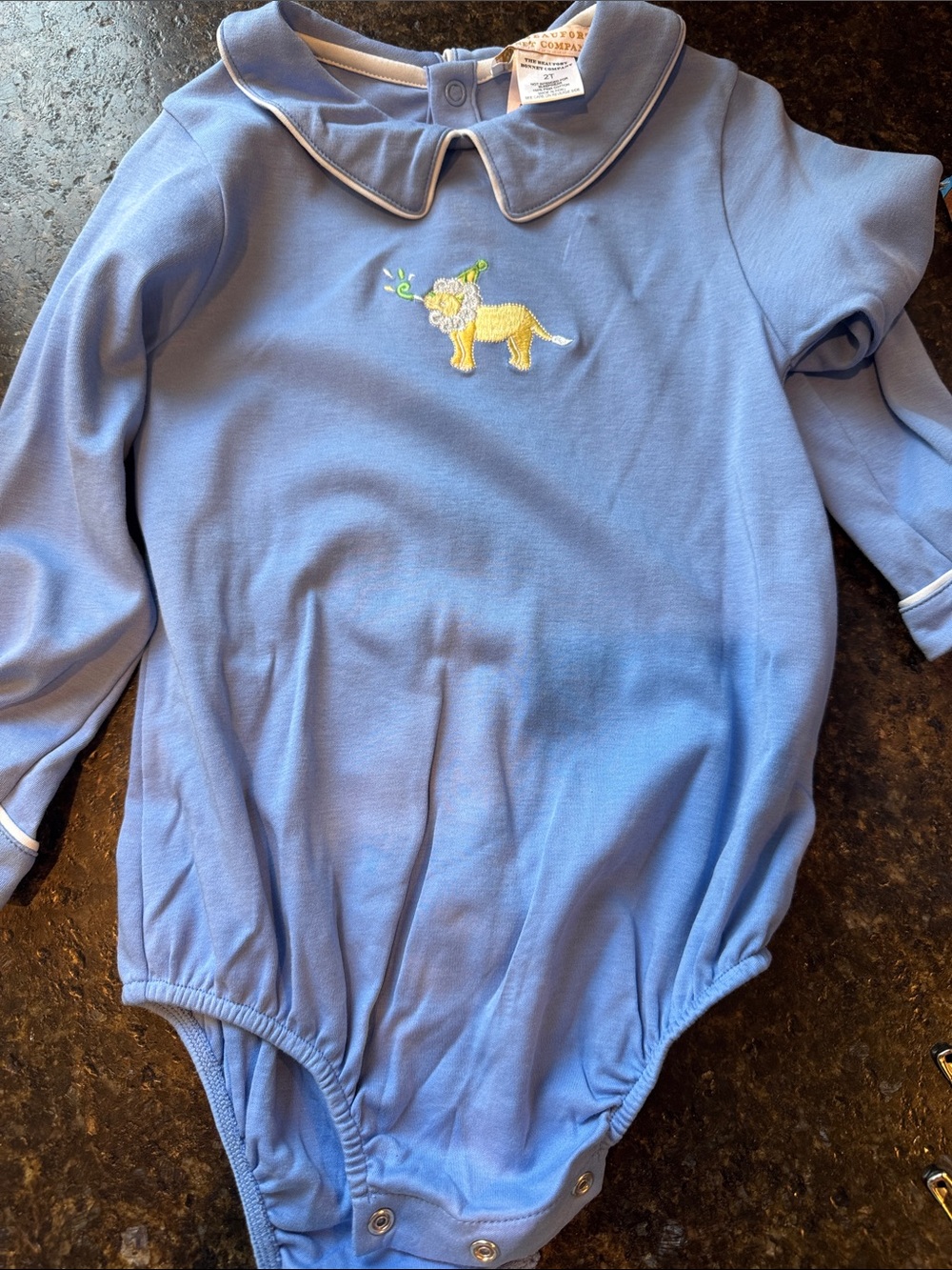 Beaufort Bonnet Company Birthday Collared Blue Lion Applique Onesie for Kids